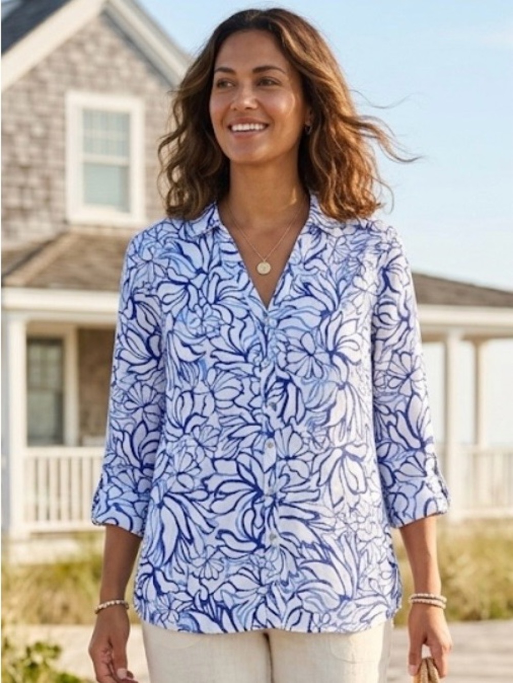 Martha Stewart 100% Linen Blue White Floral Button Up Tunic Shirt Size S
